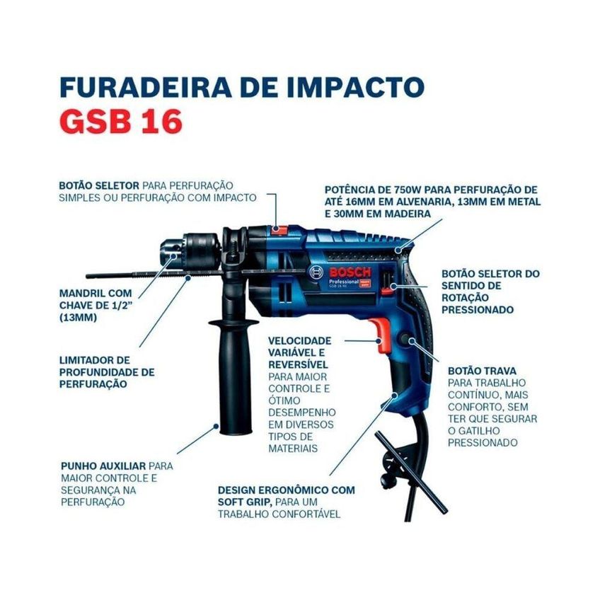 Furadeira de Impacto Bosch Profissional GSB 16 RE 750W Preto 220V - imagem 5