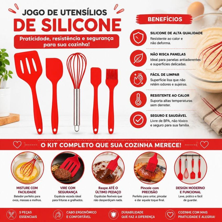 Jogo De Utensilios De Cozinha Em Silicone 5 Pecas Antiaderente Cabo Inox Rosa Utimix - imagem 4