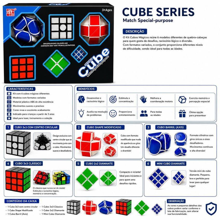 Kit 6 Cubos Mágicos Modelos Variados Quebra Cabeça Raciocínio Lógico Infantil E Adulto Utimix - imagem 2