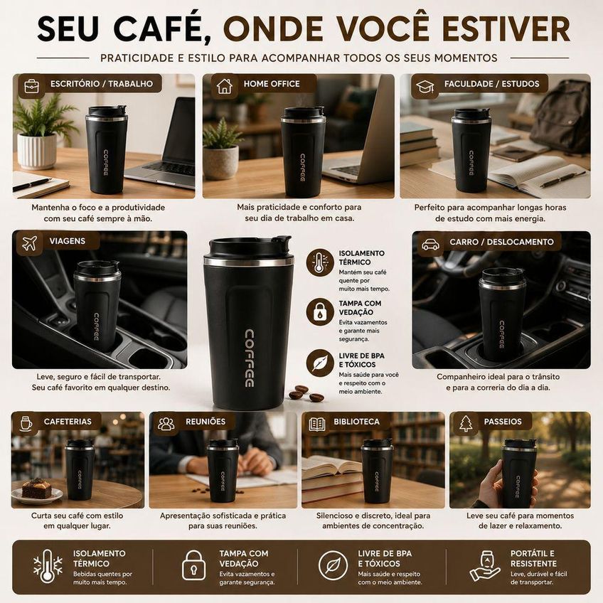 Copo Térmico De Café 510ml Aço Inox Com Tampa Antivazamento Mantém Quente E Frio Para Viagem Utimix - imagem 3
