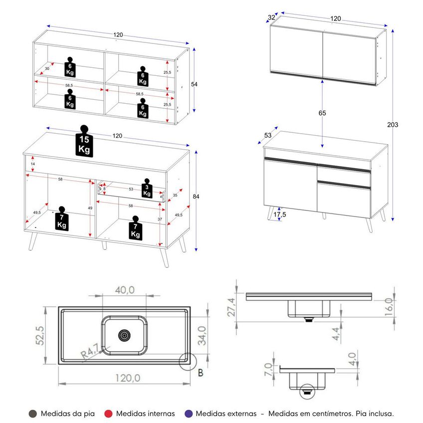 Armário Cozinha Modulada Compacta Balcão Com Pia 120cm Florença Multimóveis Mcr2466 Preto - imagem 4