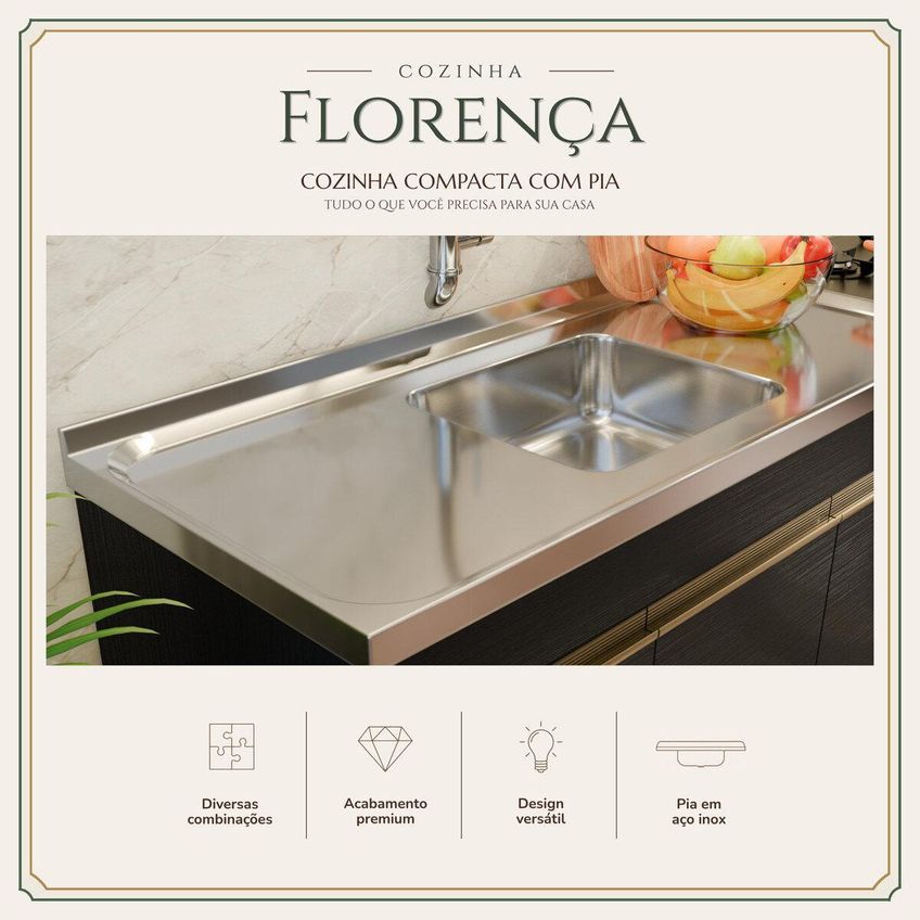 Cozinha Modulada Compacta Para Forno/cooktop Com Pia 190cm Florença Multimóveis Mcr2467 Preto - imagem 3