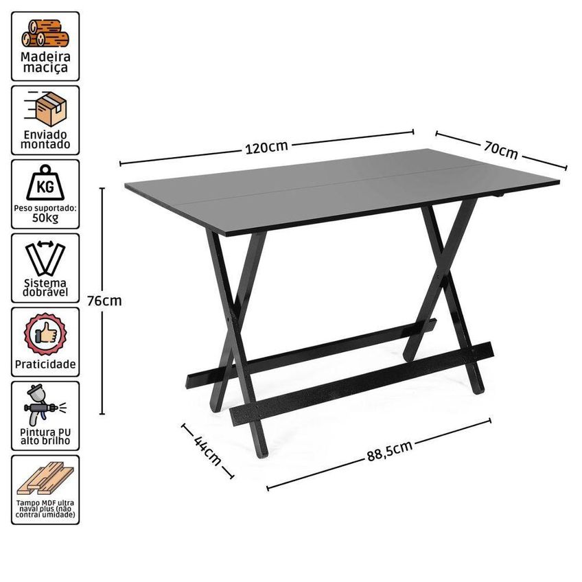 Kit 6 Mesas Dobráveis 120x70 Com 6 Cadeiras 6 Lugares Tampo MDF Preto M.B Móveis - imagem 3