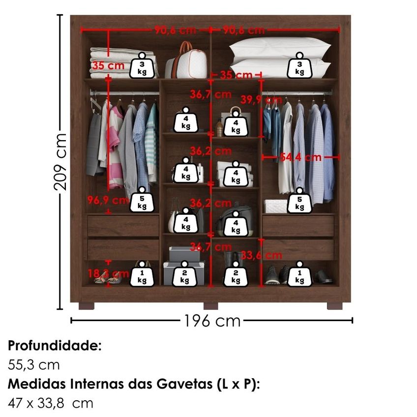 Guarda Roupa Casal 2 Portas De Correr Com Espelho Titan 196 Cm Jacaranda Zanz - imagem 3