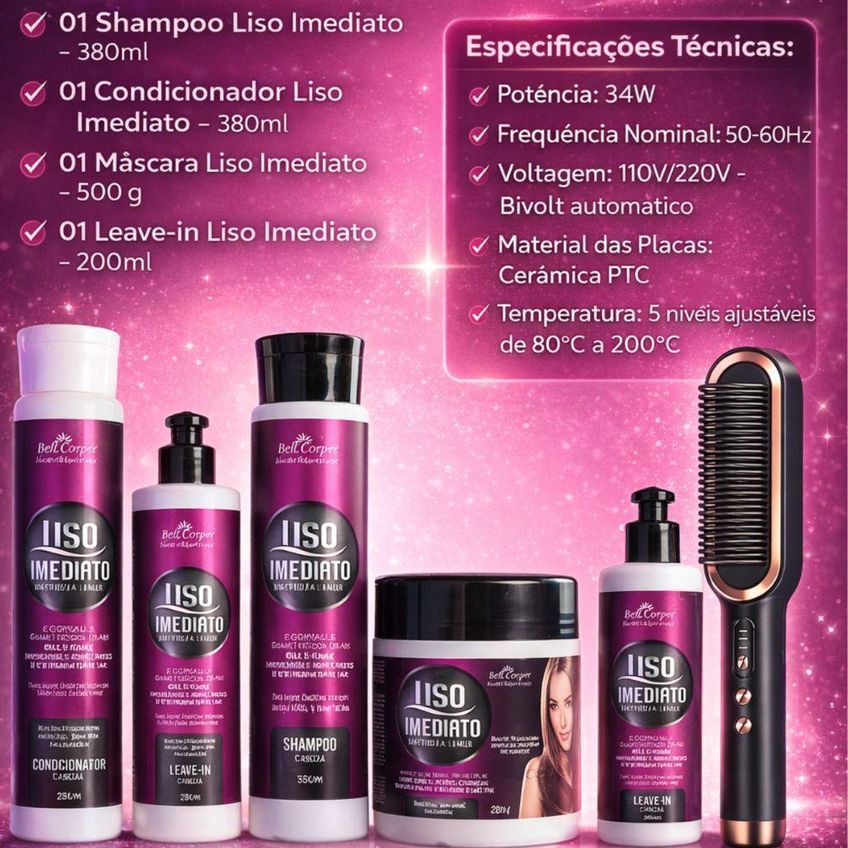 Kit Redutor De Volume Liso Imediato Bell Corpus Escova Pente Alisadora 5 Em 1 Utimix Bivolt - imagem 2