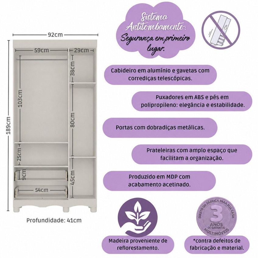 Guarda-roupa Infantil 92cm 3 Portas E 2 Gavetas Dengo Multimóveis MP4437 - Off White - imagem 3
