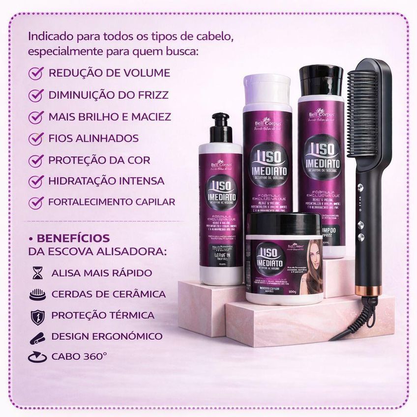 Kit Redutor De Volume Liso Imediato Bell Corpus Escova Pente Alisadora 5 Em 1 Utimix Bivolt - imagem 3