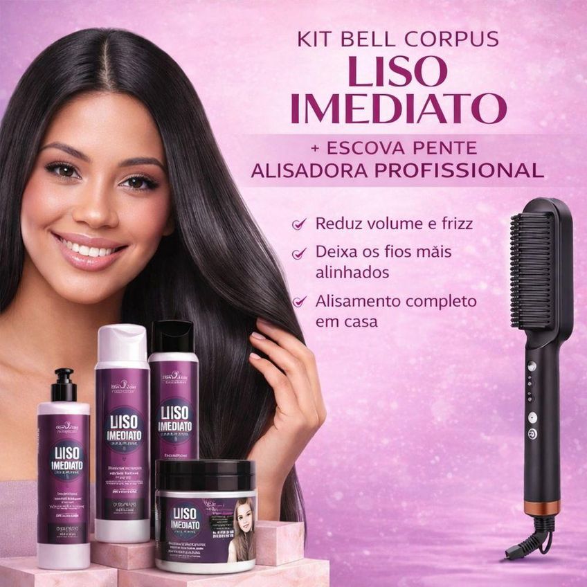 Kit Redutor De Volume Liso Imediato Bell Corpus Escova Pente Alisadora 5 Em 1 Utimix Bivolt - imagem 4