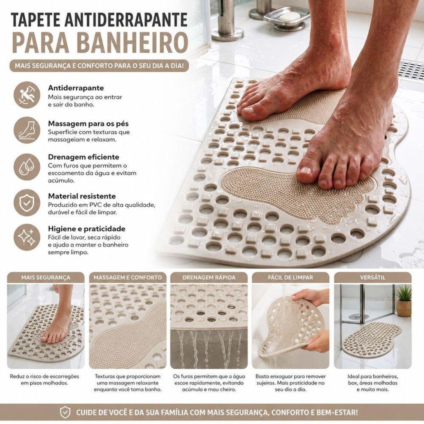Tapete Antiderrapante Para Banheiro Com Ventosas Superfície Massageadora PVC Bege Utimix - imagem 4