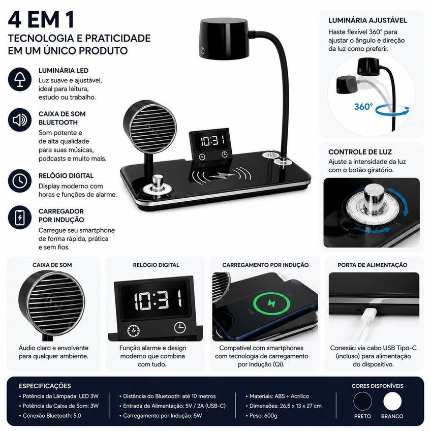 Luminária De Mesa Com Caixa De Som E Carregador Sem Fio Utimix Led Ajustável 5v Branco - imagem 3