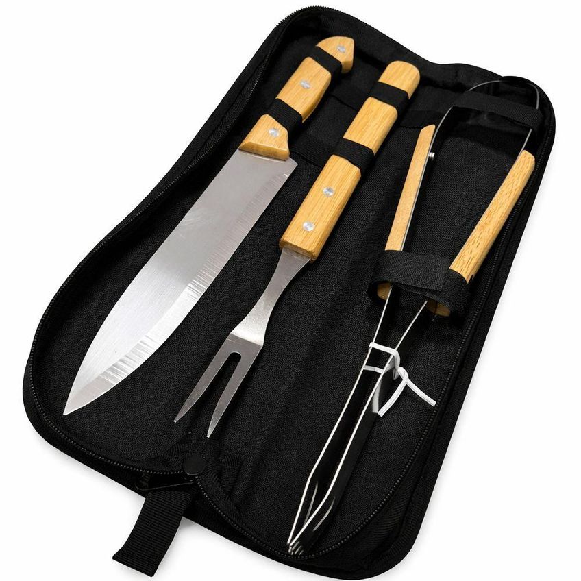 Kit Churrasco 3 Peças Faca Garfo Pegador Aço Inox Cabo Madeira Estojo Portátil Utimix - imagem 3