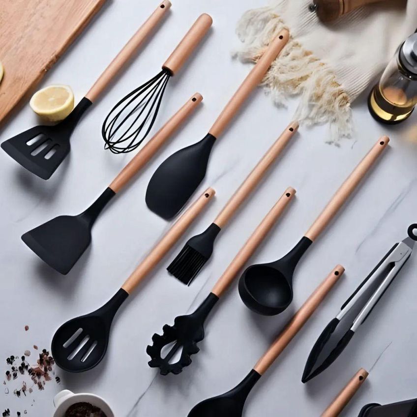 Kit Utensilios De Cozinha 19 Pecas Silicone Antiaderente Cabo Inox Preto Utimix - imagem 5