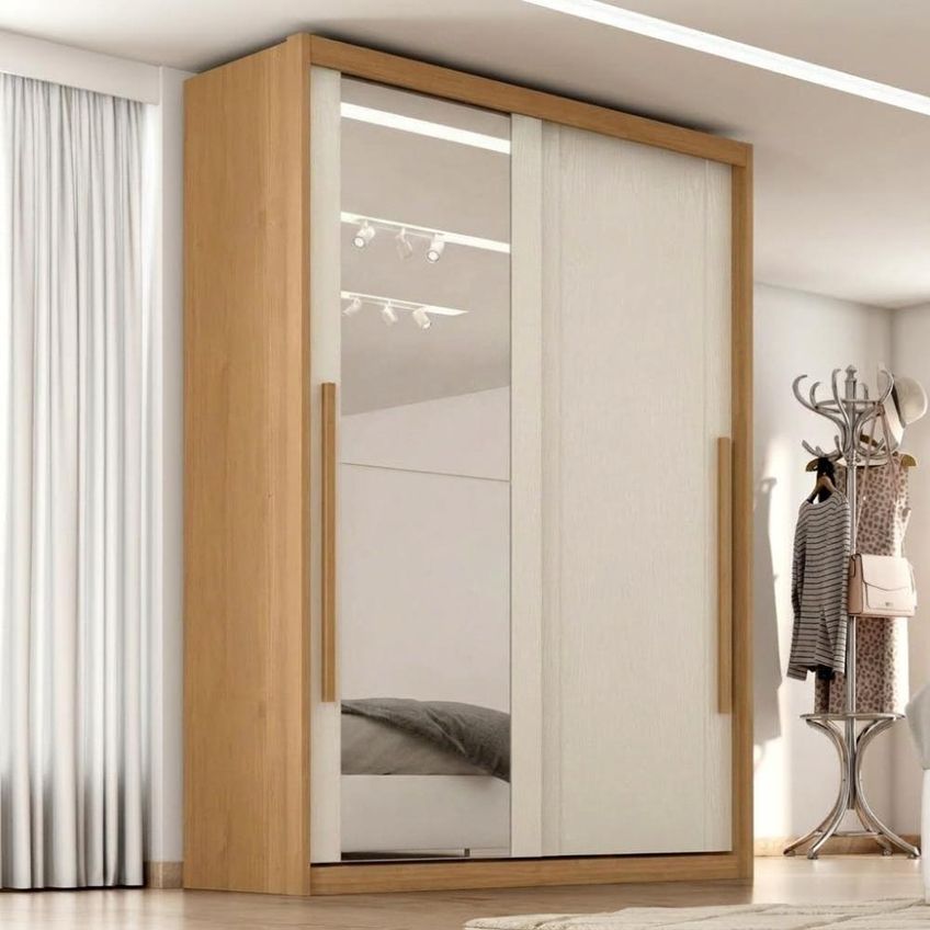 Guarda Roupa Solteiro 2 Portas De Correr Com Espelho MDF Splendi 165x232 Cm Cinamomo Areia Zanz - imagem 5