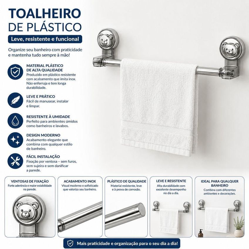 Suporte Toalheiro De Parede Com Ventosas Ajustável Plástico Abs Barra Extensível Cromado Utimix - imagem 5
