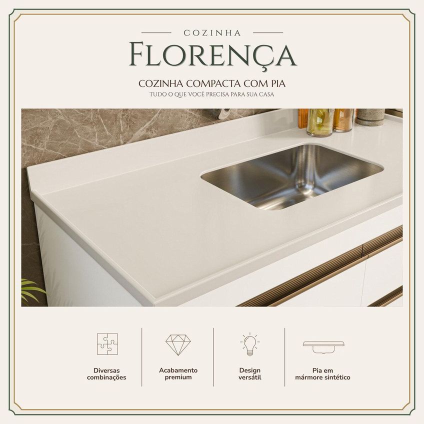 Armário Cozinha Modulada Compacta Balcão Com Pia 120cm Florença Multimóveis Mcr2451 Branco/gelo - imagem 3