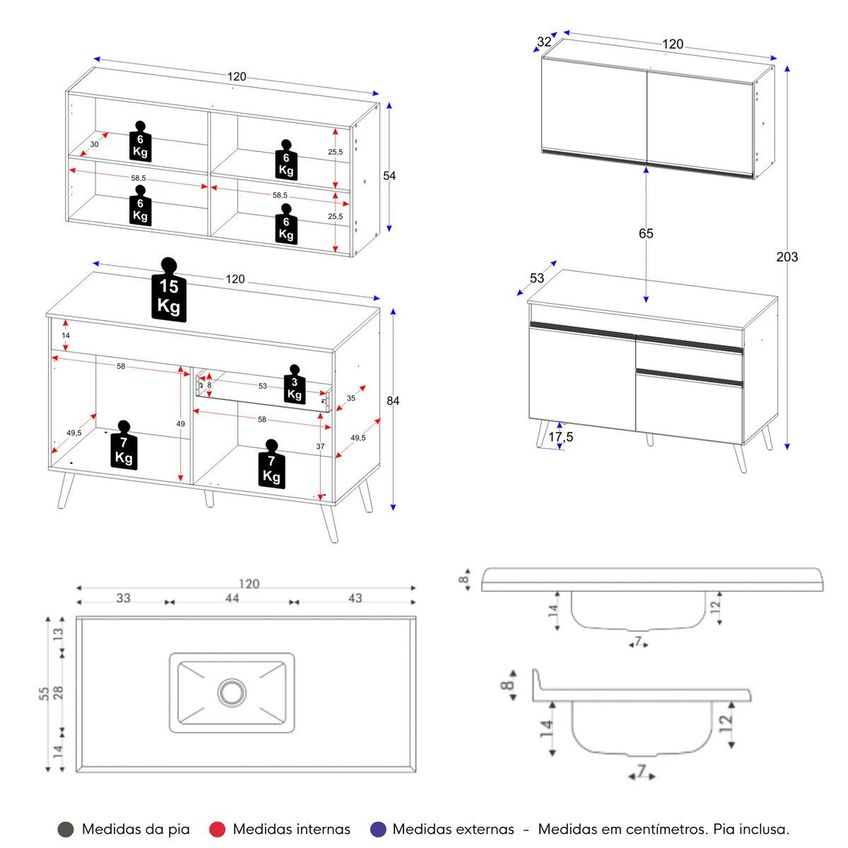 Armário Cozinha Modulada Compacta Balcão Com Pia 120cm Florença Multimóveis Mcr2451 Branco/gelo - imagem 4