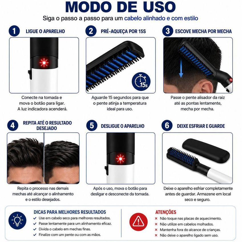 Pente Alisador De Cabelo E Barba Masculino Elétrico Cerâmica Utimix Bivolt - imagem 2