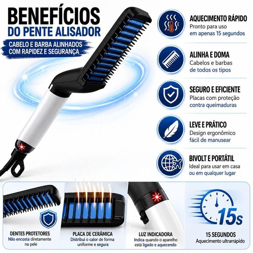 Pente Alisador De Cabelo E Barba Masculino Elétrico Cerâmica Utimix Bivolt - imagem 5