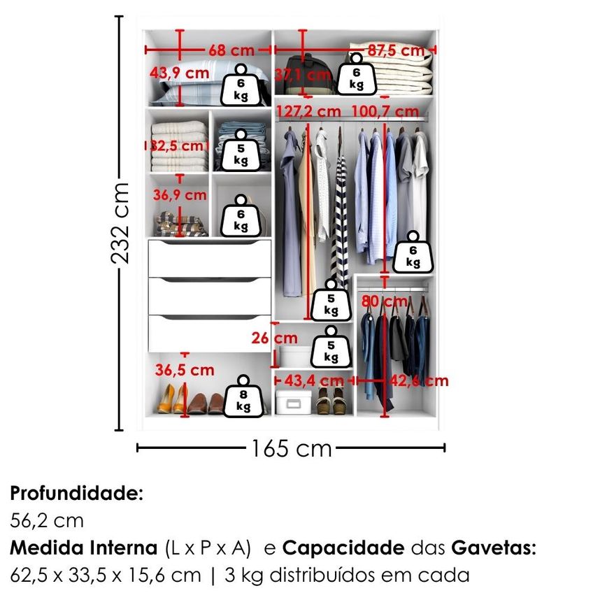 Guarda Roupa Solteiro 2 Portas De Correr Com Espelho MDF Splendi 165x232 Cm Branco Absoluto Zanz - imagem 3