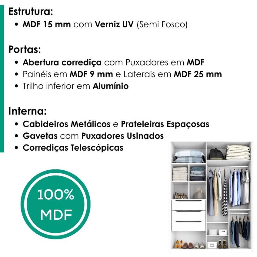 Guarda Roupa Solteiro 2 Portas De Correr Com Espelho MDF Splendi 165x232 Cm Branco Absoluto Zanz - imagem 4