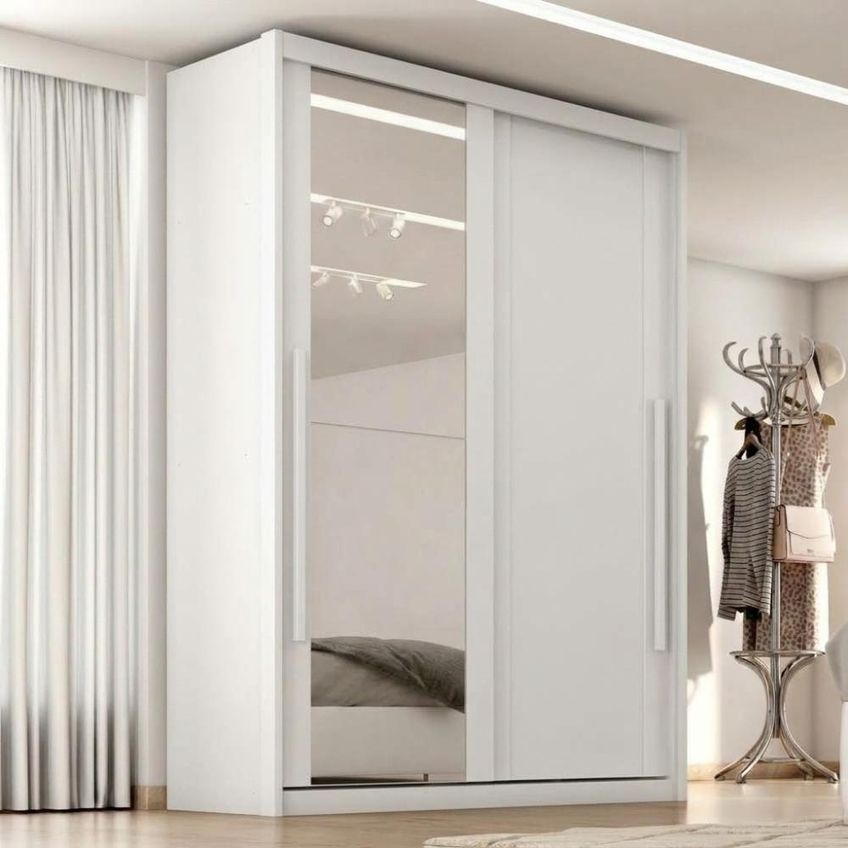 Guarda Roupa Solteiro 2 Portas De Correr Com Espelho MDF Splendi 165x232 Cm Branco Absoluto Zanz - imagem 5