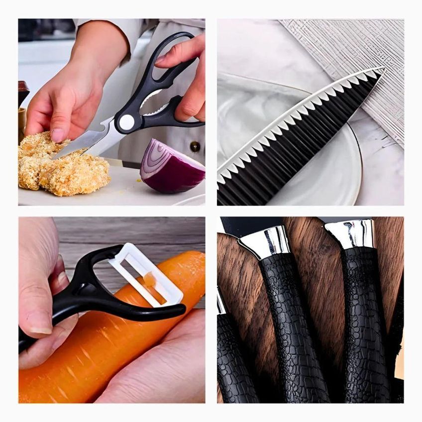 Kit Facas Cozinha E Churrasco 6 Peças Antiaderente Aço Inox Cabo Ergonômico Preto Utimix - imagem 3