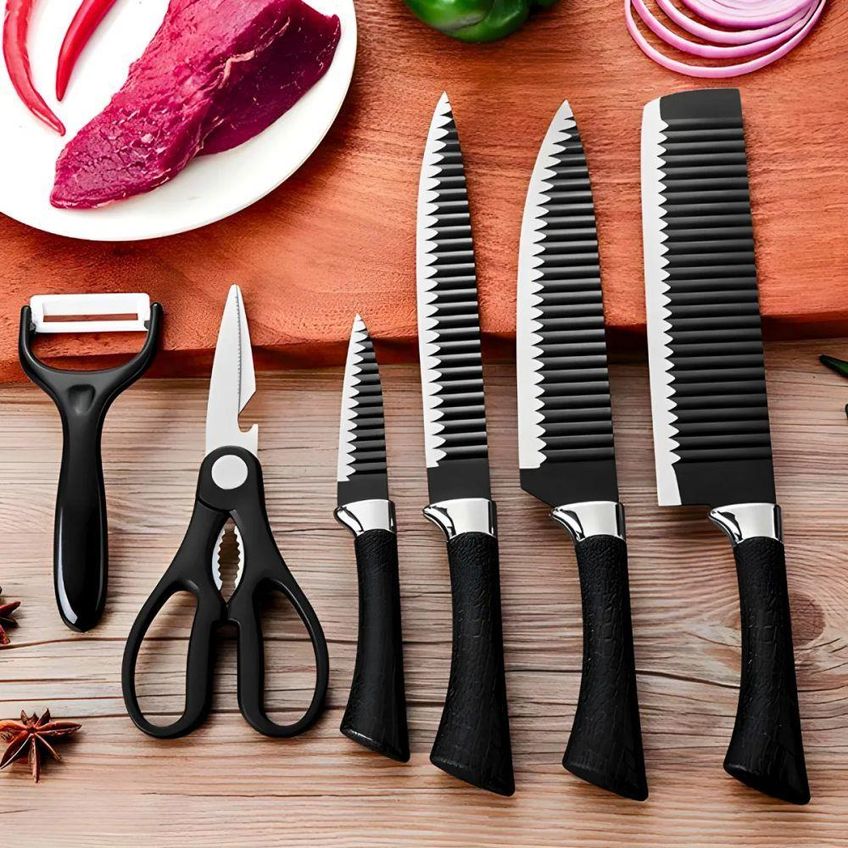 Kit Facas Cozinha E Churrasco 6 Peças Antiaderente Aço Inox Cabo Ergonômico Preto Utimix - imagem 4