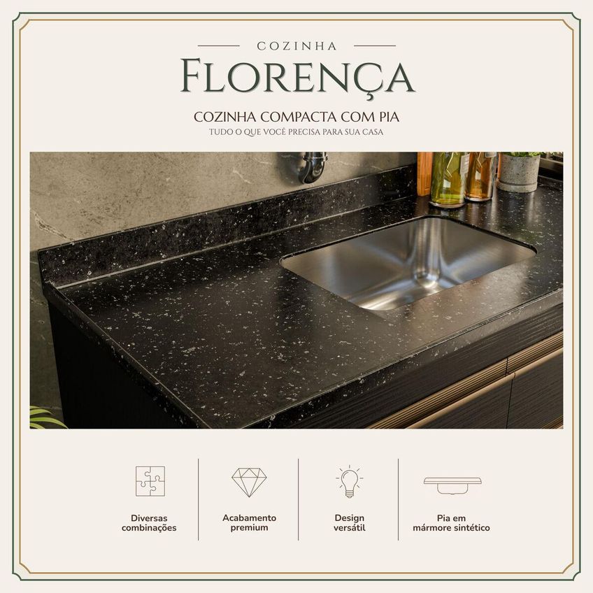 Armário Cozinha Modulada Compacta Balcão Com Pia 120cm Florença Multimóveis Mcr2451 Preto - imagem 3