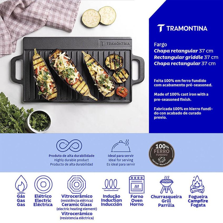 Chapa Retangular Tramontina Em Ferro Fundido Com Acabamento Pre-seasoned 37 Cm 2,3 L 28764037 - imagem 4