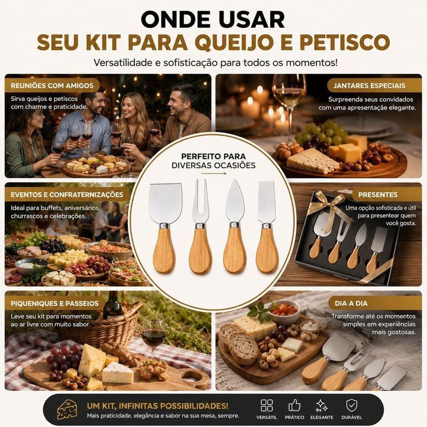 Kit Para Queijo E Petiscos 4 Peças Aço Inox E Madeira Servir Frios E Aperitivos Utimix - imagem 2