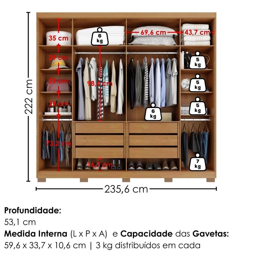 Guarda Roupa Casal 6 Portas Com Espelho MDF Platina 236 cm Cinamomo Areia Zanz - imagem 3
