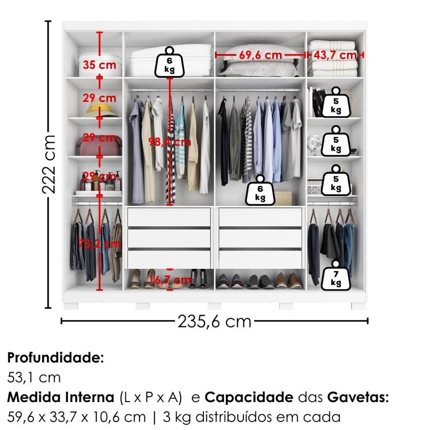 Guarda Roupa Casal 6 Portas Com Espelho MDF Platina 236 cm Branco Absoluto Zanz - imagem 3