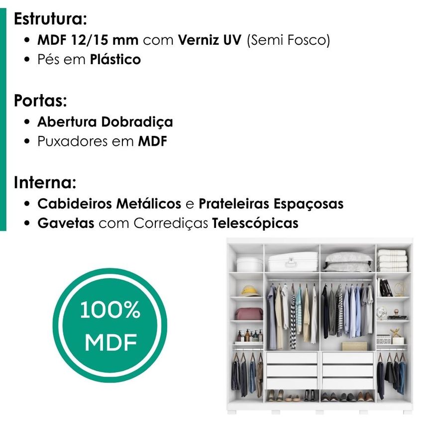Guarda Roupa Casal 6 Portas Com Espelho MDF Platina 236 cm Branco Absoluto Zanz - imagem 4