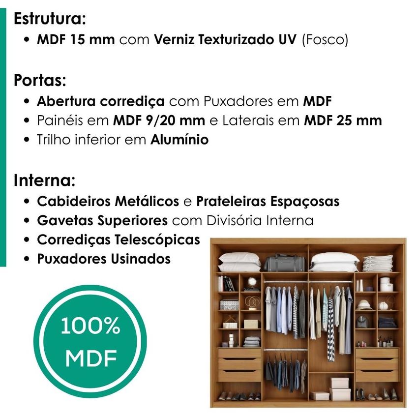 Guarda Roupa Casal 2 Portas De Correr Com Espelho MDF Atrane 268 Cm Cinamomo Zanz - imagem 4
