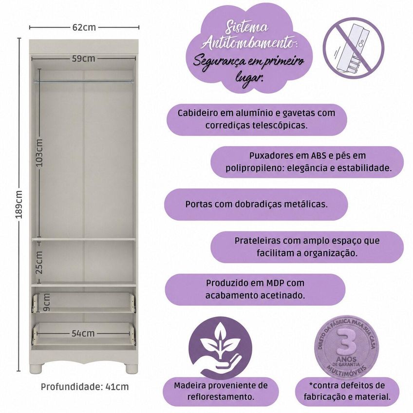 Guarda-roupa Infantil 62cm 2 Portas E 2 Gavetas Dengo Multimóveis MP4436 - Off White - imagem 3