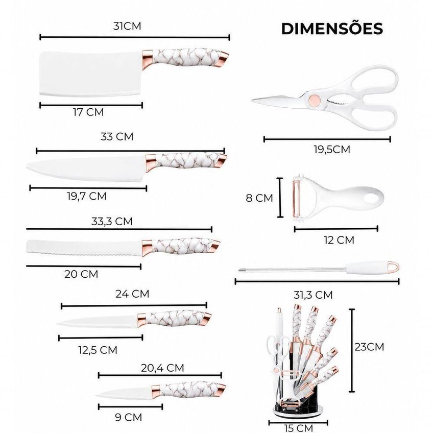 Kit De Facas Marmorizado Rose Gold Antiaderente Aço Inoxidável Suporte Giratório Cozinha Branco - imagem 4