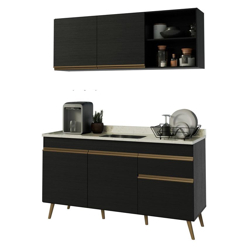 Armário Cozinha Modulada Compacta Balcão Com Pia 150cm Florença Multimóveis Mcr2468 Preto/creme - imagem 2