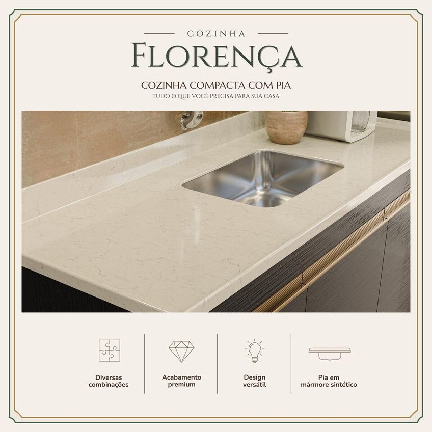 Armário Cozinha Modulada Compacta Balcão Com Pia 150cm Florença Multimóveis Mcr2468 Preto/creme - imagem 3