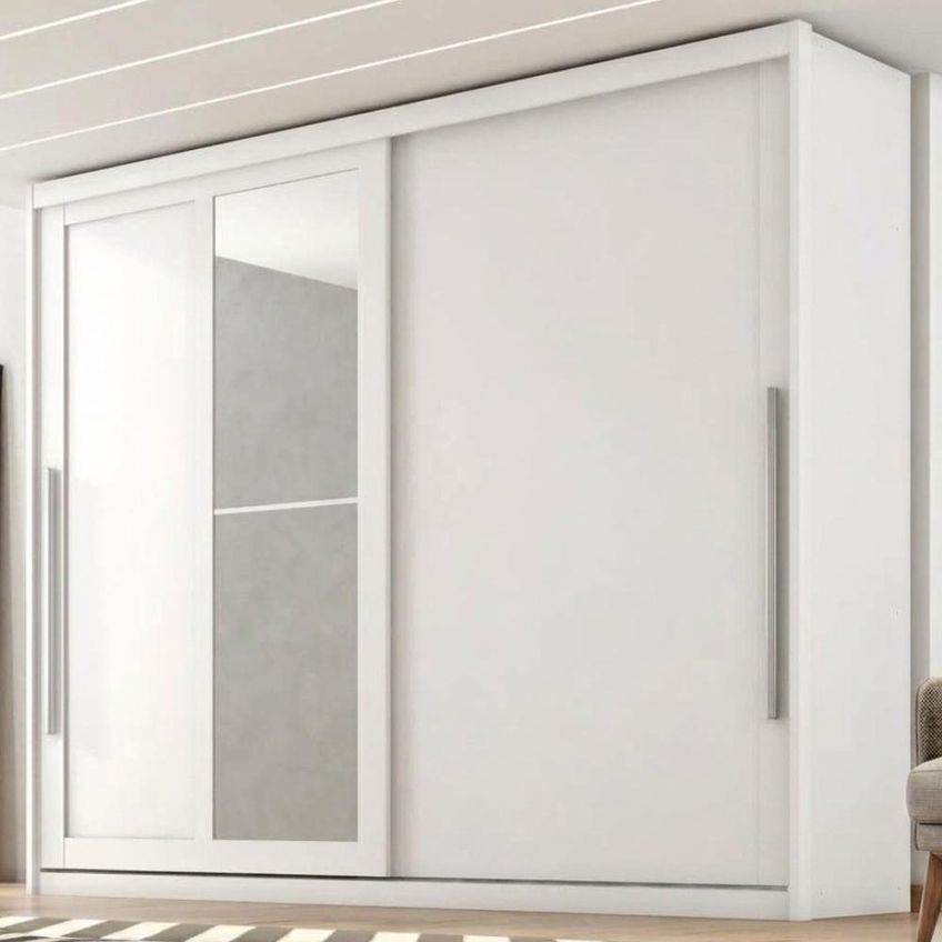 Guarda Roupa Casal 2 Portas De Correr Com Espelho MDF Atrane 268 Cm Branco Absoluto Zanz - imagem 2