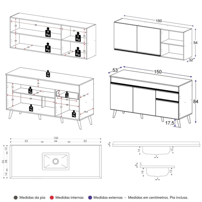 Armário Cozinha Modulada Compacta Balcão Com Pia 150cm Florença Multimóveis Mcr2468 Preto/creme - imagem 4