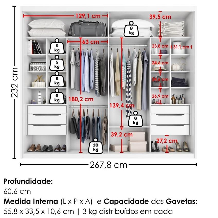Guarda Roupa Casal 2 Portas De Correr Com Espelho MDF Atrane 268 Cm Branco Absoluto Zanz - imagem 3