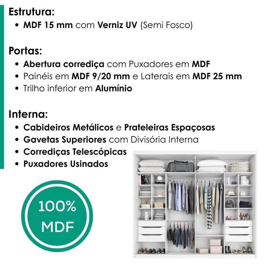 Guarda Roupa Casal 2 Portas De Correr Com Espelho MDF Atrane 268 Cm Branco Absoluto Zanz - imagem 4