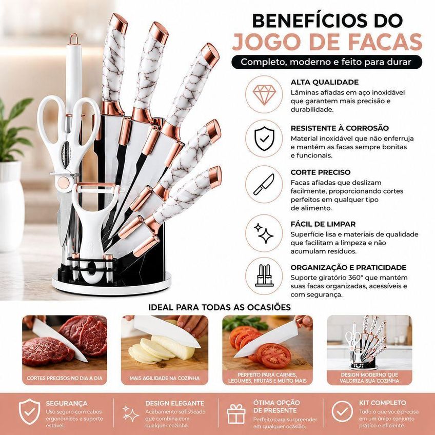Kit De Facas Marmorizado Rose Gold Antiaderente Aço Inoxidável Suporte Giratório Cozinha Branco - imagem 3