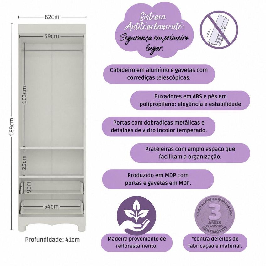 Guarda-roupa Infantil 62cm 2 Portas Com Vidro E 2 Gavetas Ternura Multimóveis Mp4476 - Off White - imagem 3