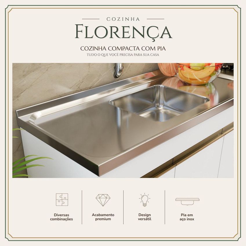 Cozinha Modulada Compacta Para Forno/cooktop Com Pia 190cm Florença Multimóveis Mcr2467 Branco - imagem 3