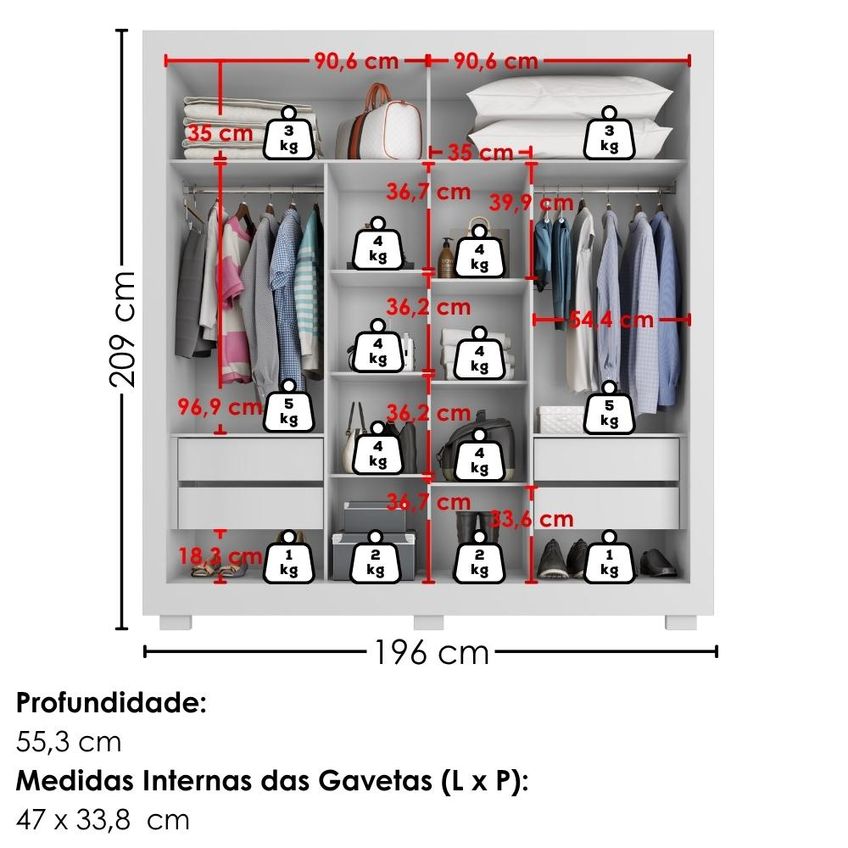 Guarda Roupa Casal 2 Portas De Correr Com Espelho Titan 196 Cm Branco Absoluto Zanz - imagem 3