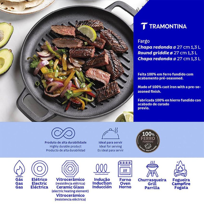 Chapa Redonda Tramontina Em Ferro Fundido Com Acabamento Pre-seasoned 27 Cm 1,3 L 28763027 - imagem 4