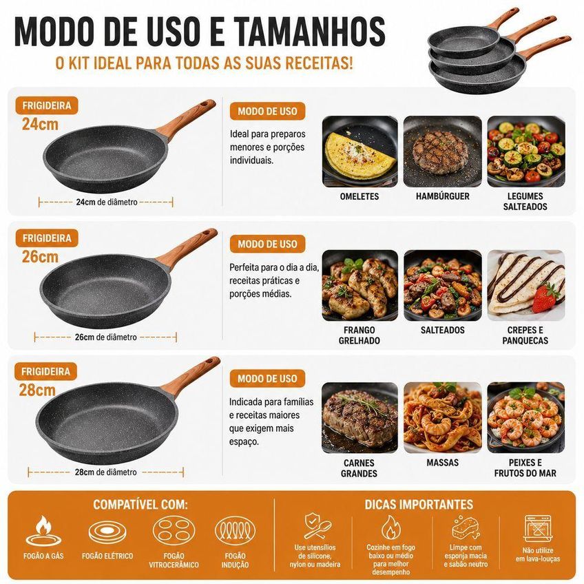Kit De Frigideiras Antiaderentes 3 Peças Alumínio Preto Marmorizado Utimix - imagem 3