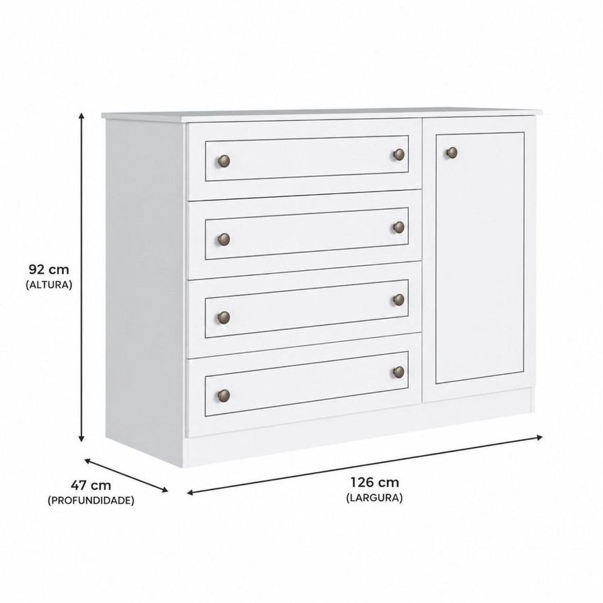 Cômoda Infantil Americana Frentes Em MDF 4 Gavetas 1 Porta Branca Yescasa Branco Fosco - imagem 3