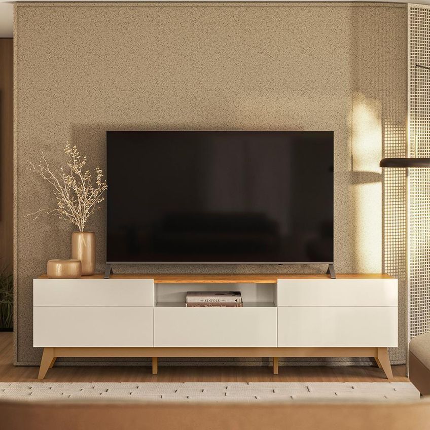 Rack Bancada Diadema Para TV 75" 200cm MDF MDP com Nicho Central Off White Canela Mbler - imagem 4